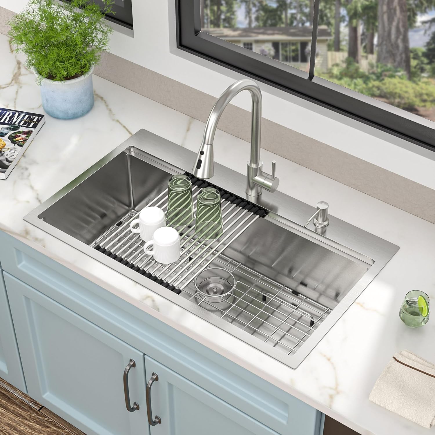 33 Kitchen Sink Drop In - Fulorni 33"x19" Ledge Workstation Top Mount 16 Gauge 304 Stainless Steel Over Mount Single Bowl Sink Basin with Faucet, Soap Dispenser