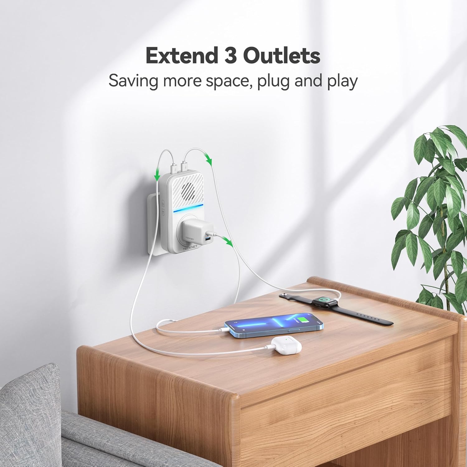 TECKNET Wireless Doorbell Receiver with 3 Outlets