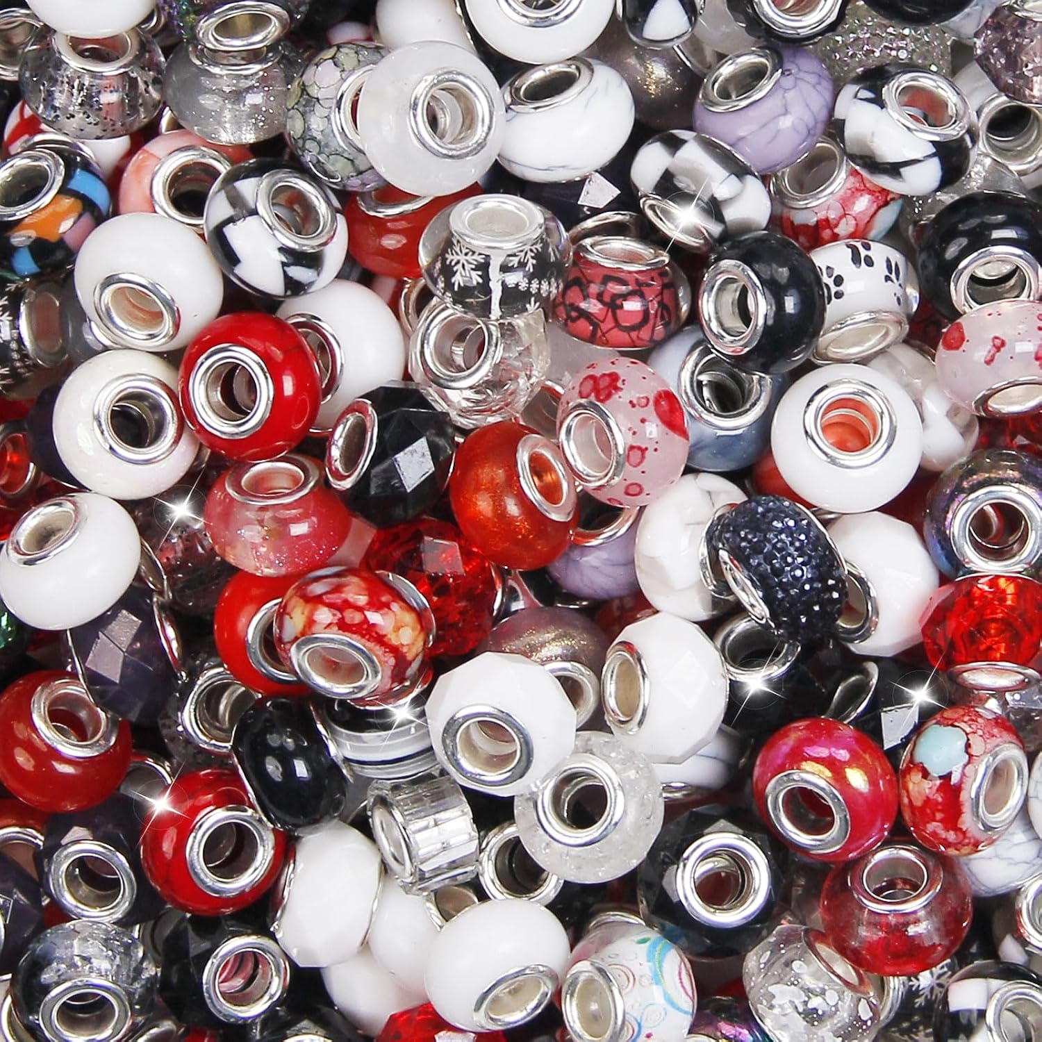 100 Pcs Large Hole Beads Assorted Black White Red European Craft Beads Large Hole Spacer Bead Lampwork Murano Fairy Wand Garden Big Bead for DIY Pen Charm Bracelet Keychain Decorative Jewelry Making