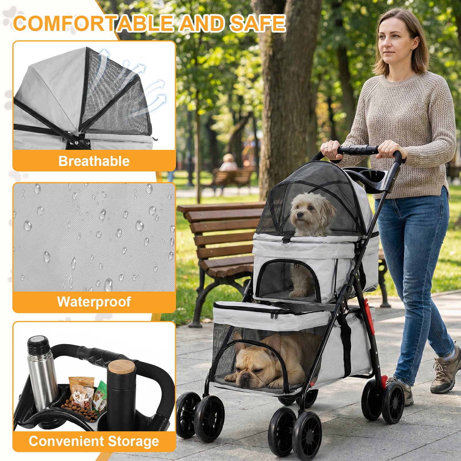 Passeggino per animali domestici a doppio strato per cani e gatti di piccola e media taglia, 3 in 1, pieghevole, passeggino da viaggio leggero, 100 cm x 73 cm x 49 cm (grigio)