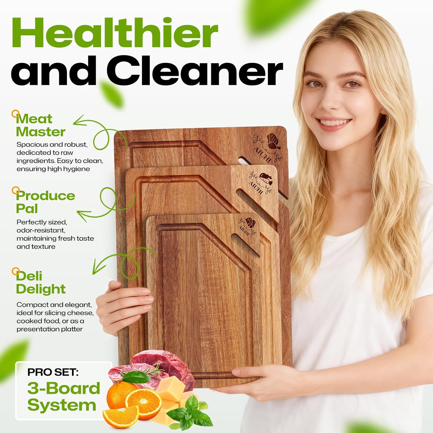 AIUHI Premium Wooden Cutting Boards for Kitchen, 3-Piece Acacia Wooden Chopping Board with Juice Groove, Organic Wood Cutting Board Set for Ideal Charcuterie, Meat & Vegetables