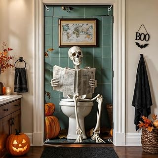 AnyDesign Halloween Skeleton Restroom Door Cover Reading Newspaper Skeleton Toilet Door Cover Hanging Banner Decor for Bathroom Halloween Party Accessory Decoration, 35 x 71 Inch