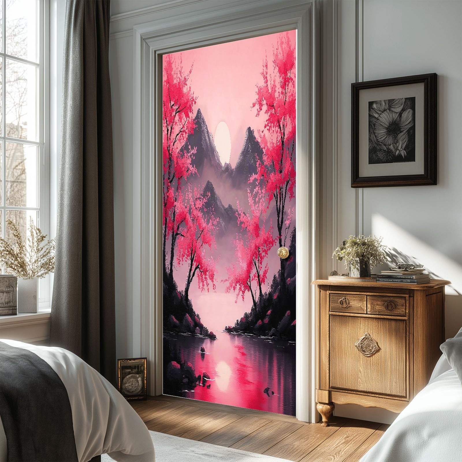 Obraz olejny styl naklejka na drzwi, naklejka na drzwi, kwiaty wiśni, tapeta na drzwi dla dzieci, do sypialni, 95 x 215 cm (szer. x wys.) naklejka na ścianę, fototapeta, dla dzieci, dekoracja pokoju