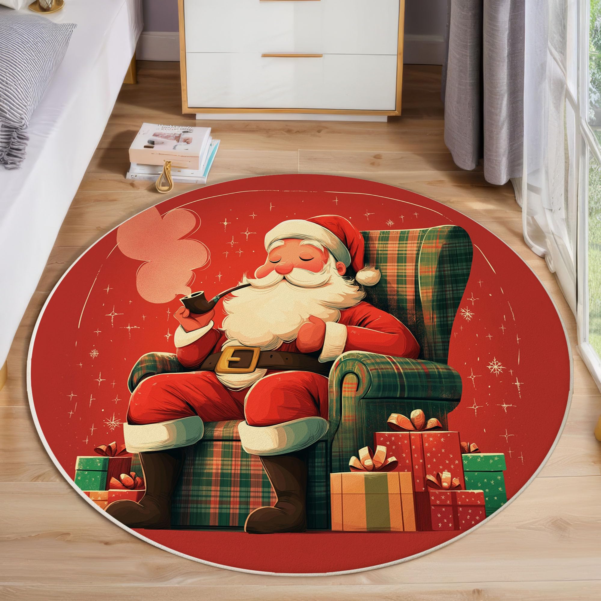 Tapis De Noël Rond, Motif Père Noël Rétro Affiche De Noël Tapis De Salon Rouge Foncé Doux Paillasson Antidérapant pour Salle À Manger Canapé Chambre d'enfant Fête, Diamètre 120 Cm