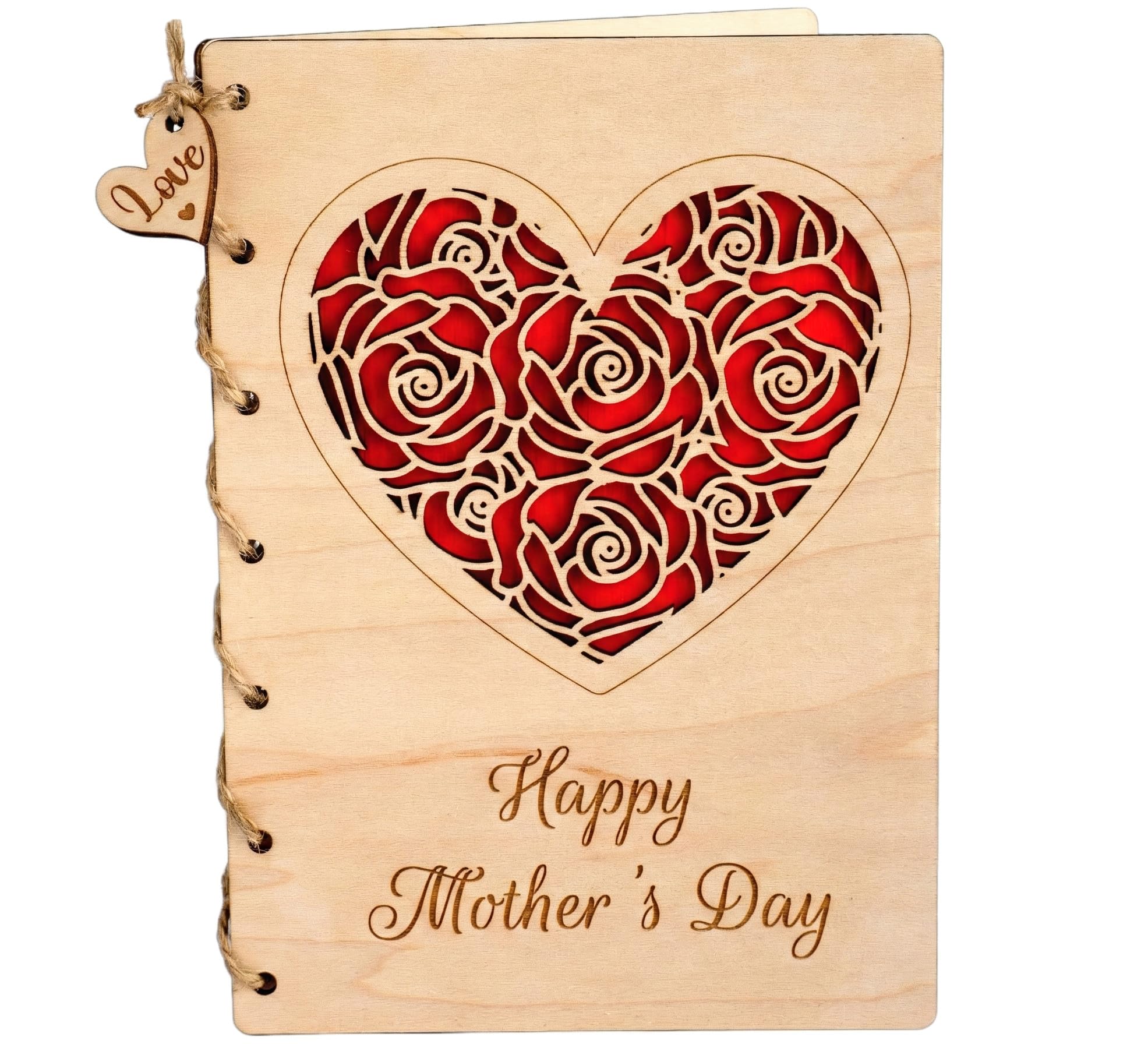 Personalised Wooden Mother's Day Card - Red Rose Heart Design - Custom Engraved Keepsake with Envelope for Mum, Grandma - 17x12cm Maple Greeting Card - Meaningful Gift from Son or Daughter
