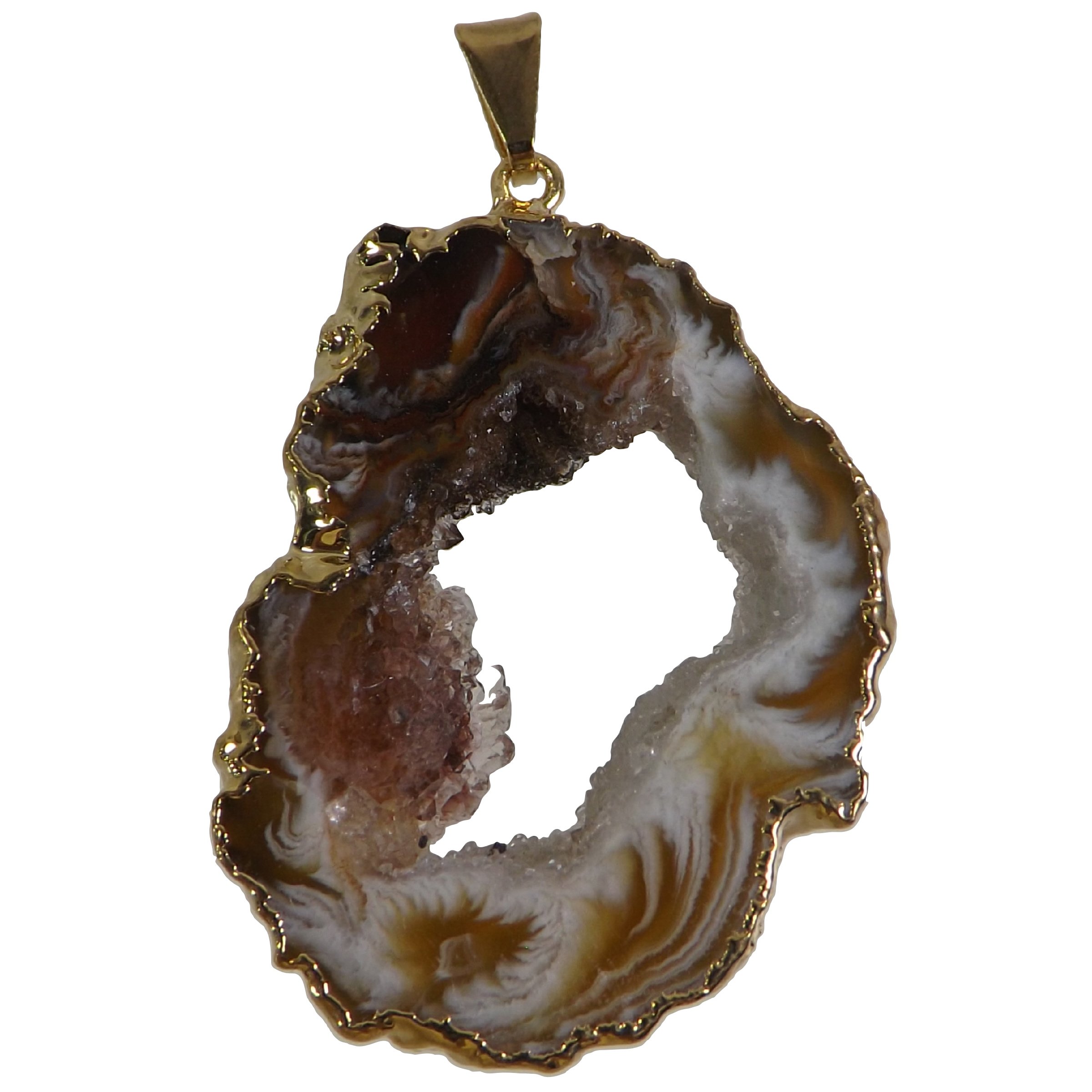 Agate Pendant Jewelry, Geode Slice, a Unique Polished Natural Stone from Brazil, with a Center of Druzy Crystals, Medium Size Between 1 1/4" to 1 7/8" with a Gold-Plated Edge, in Gift Box