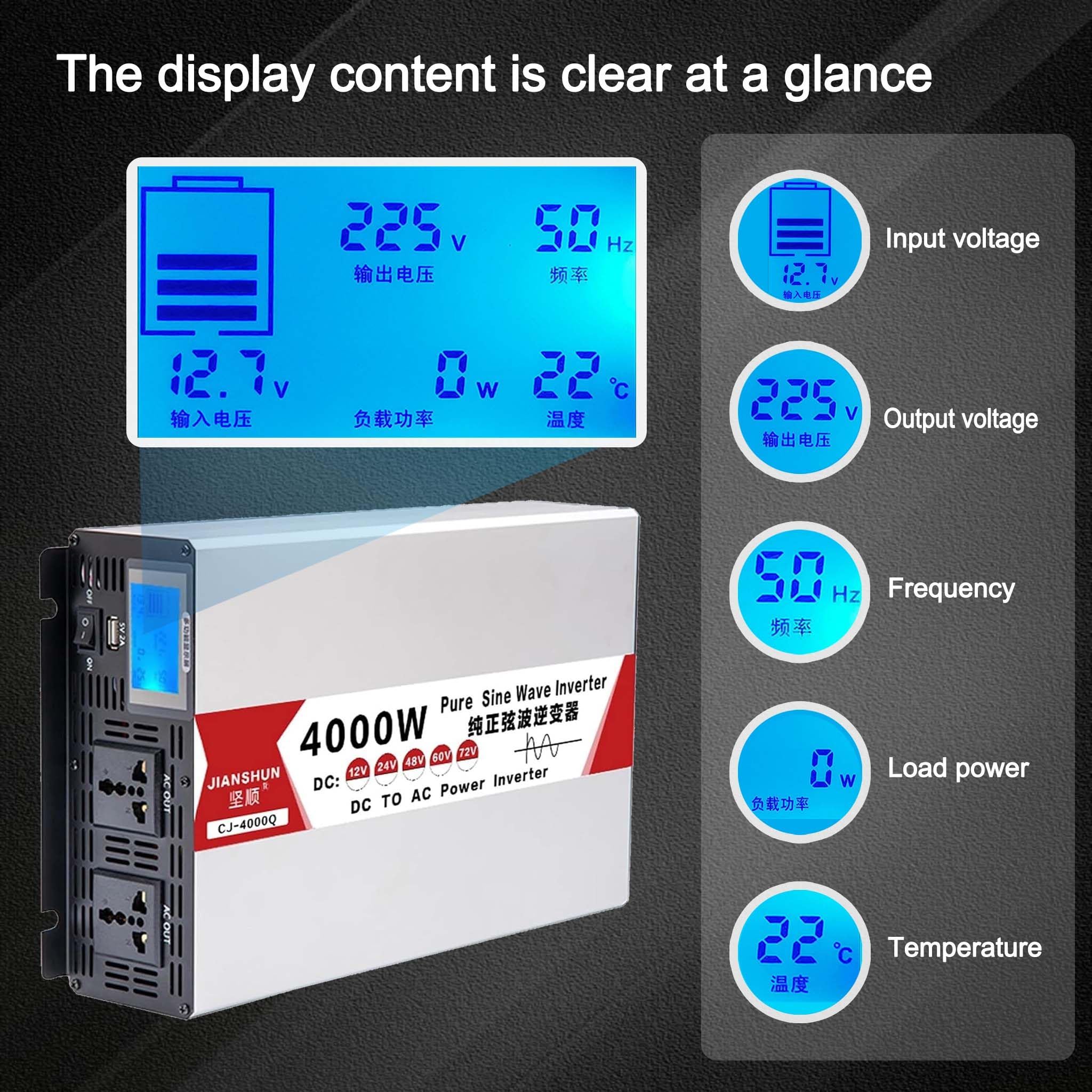 Przetwornica czystego sinusa 2000W (szczyt 4000W), 12V/24V/48V/60V DC na 120V/240V AC, z wyświetlaczem LCD i podwójnym gniazdem AC, cicha praca 48V