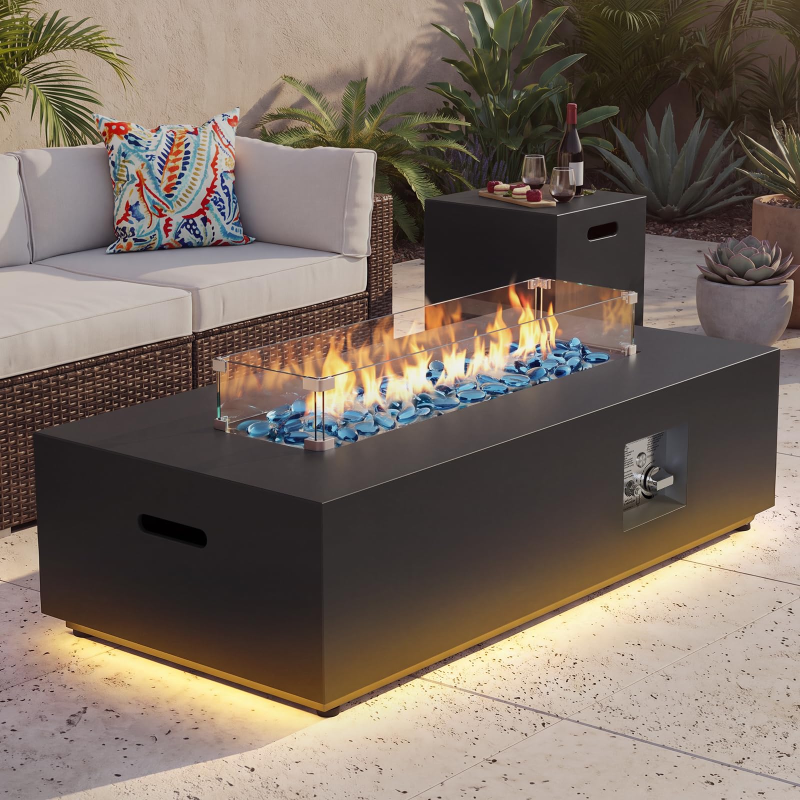 42" Rectangular Outdoor Propane Fire Pit Table with LED for Outside Patio