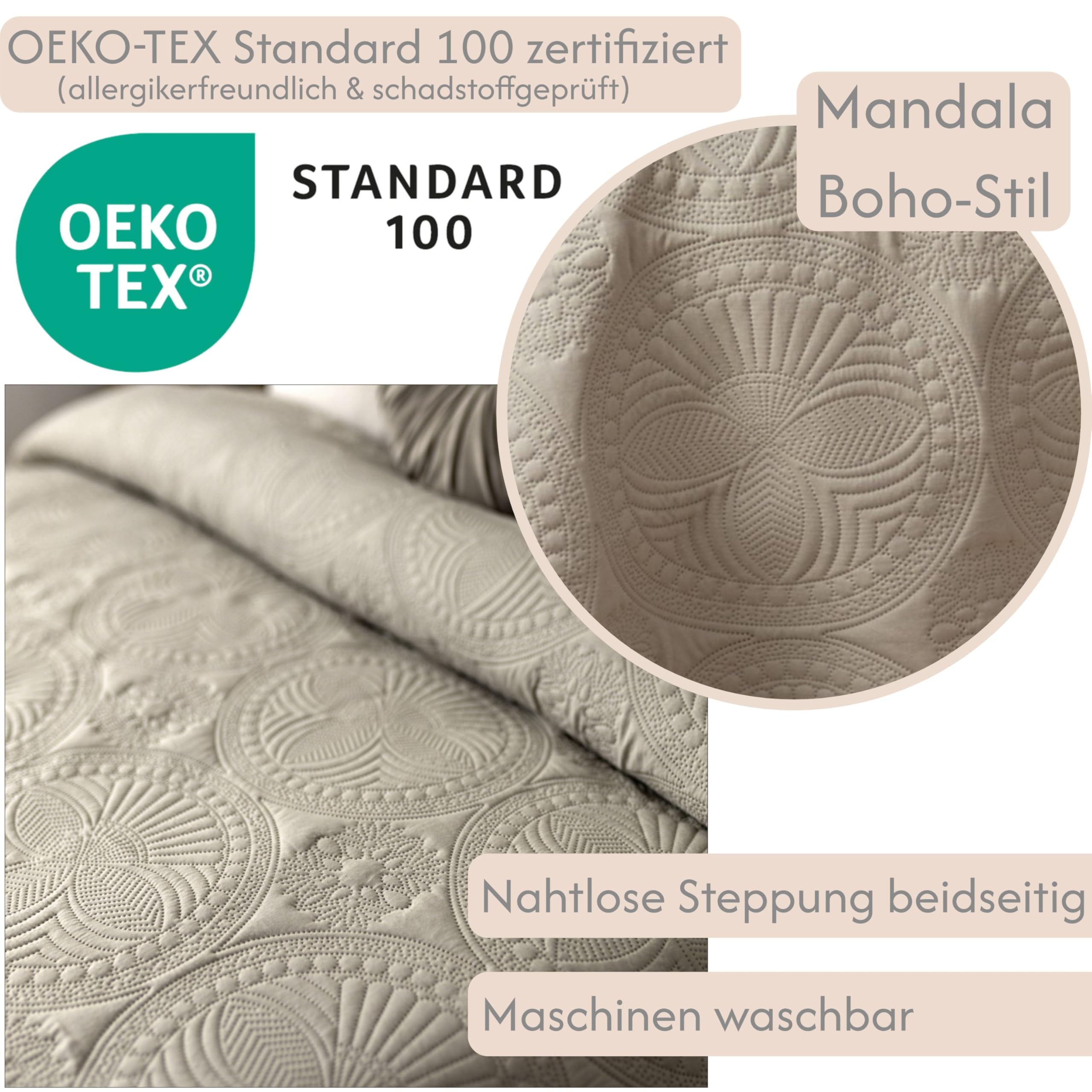 Copriletto 220 x 240 cm, copriletto con mandala, copridivano, trapunta per il giorno, coperta XXL, trapuntata (lino)