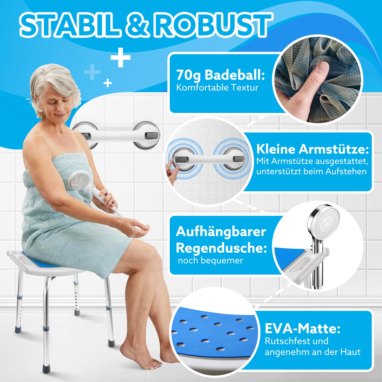 Duschhocker Höhenverstellbar 37-57cm, Duschstuhl 8 Stufen, Duschhocker für Senioren Belastbar bis 136kg, Badhocker mit Rutschfesten Gummifüßen für ältere Menschen, Blau