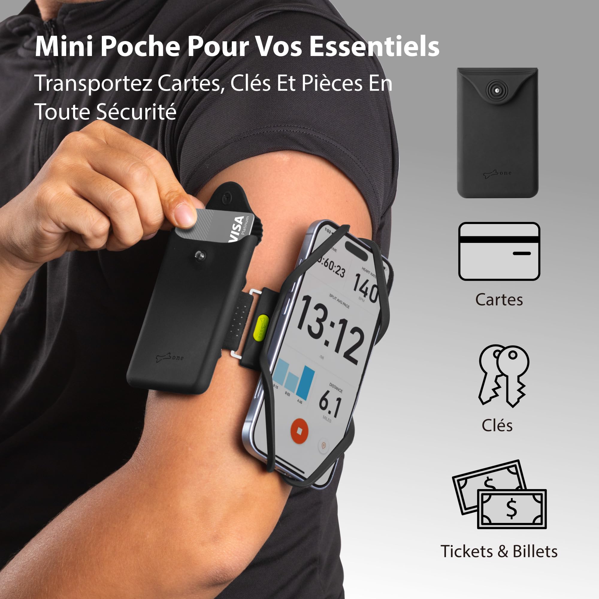 BONE Run Tie 3-Sport Pocket Kit – Kit Sport Pocket avec Brassards de Course S + L, Silicone Confortable Multi-Positions, Support Téléphone Universel 4–7,2" – Noir