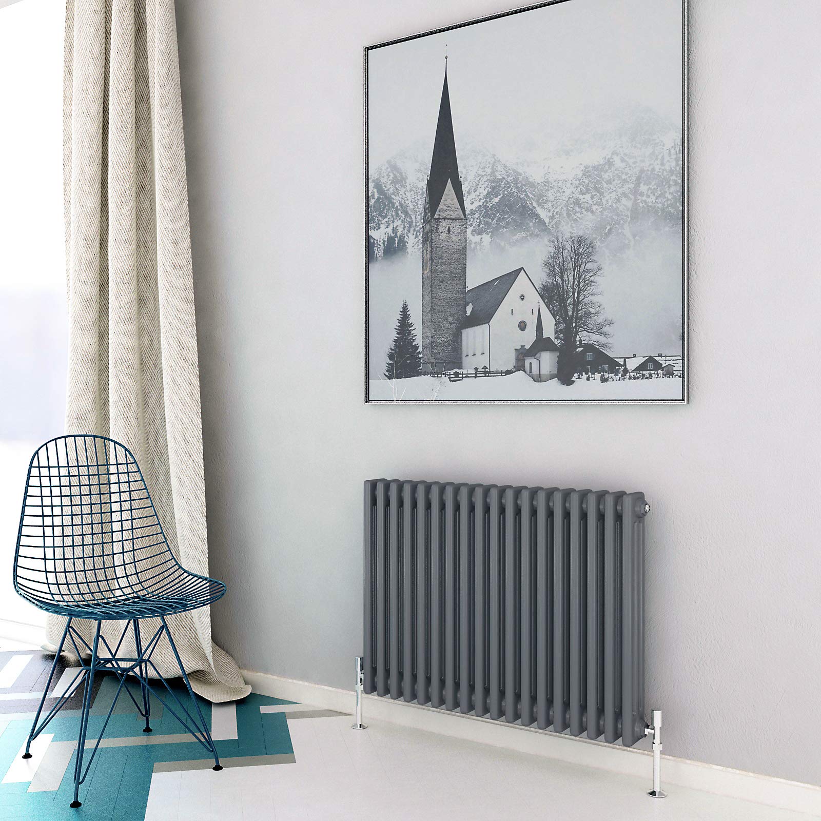 Acezanble∣3 Column Radiator, Horizontal 600mm Anthracite Wide Low Cast Iron Style Radiator Centre Heating for Window Hallway