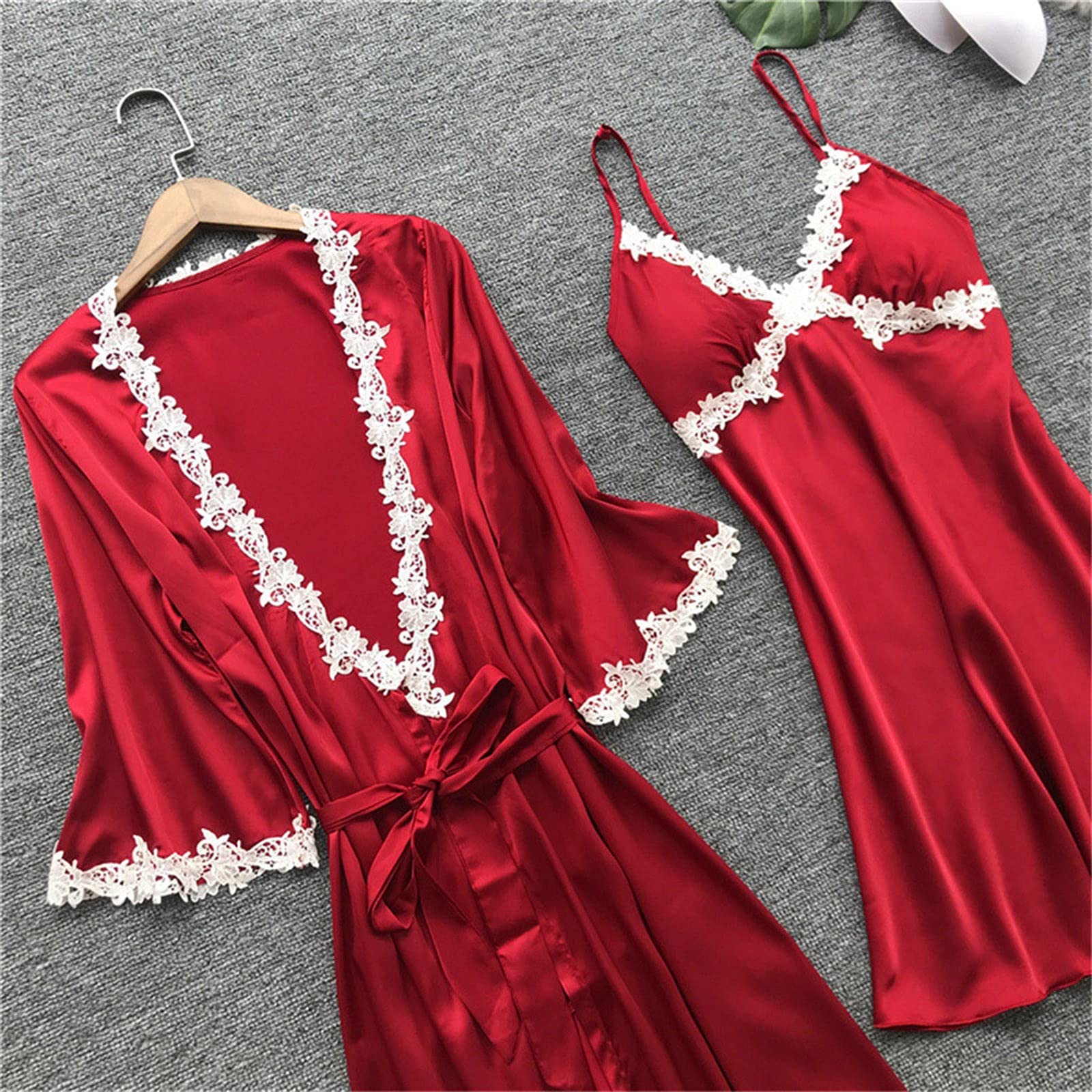 YZCIS Komplet bielizny damskiej Modny komplet piżam Camisole ze szlafrokiem Niegrzeczne stroje Piżamy? Szorty Bielizna Nocna Chemis Red