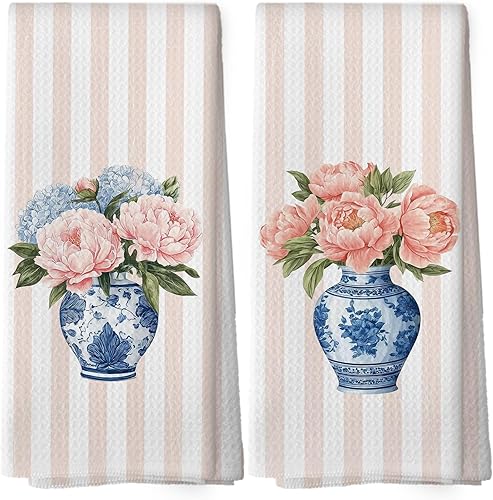 shiviody Chinoiserie Floral Kitchen Towels - Blue and White Ginger Jar Dish Towe