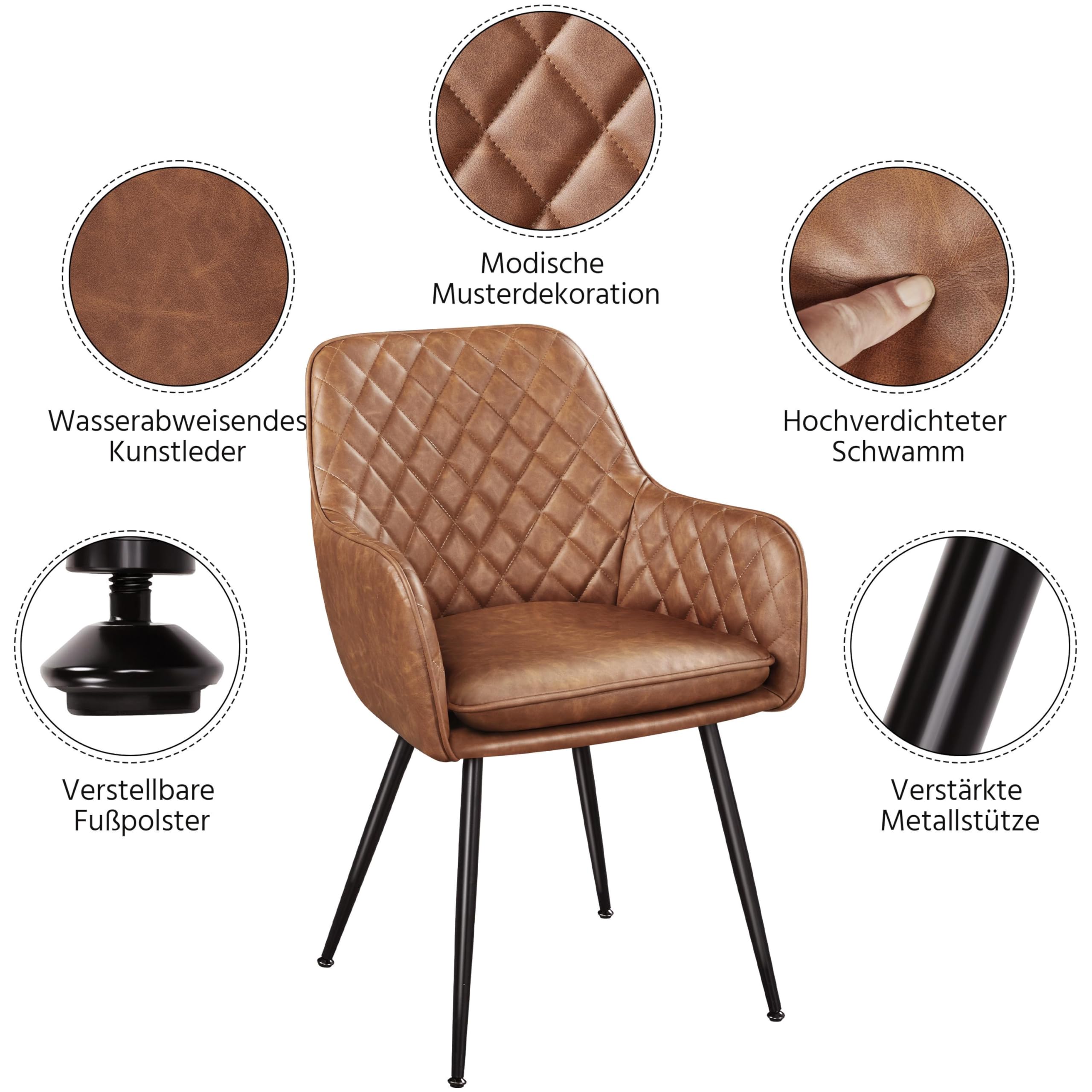 Yaheetech Esszimmerstühle 2er Set Küchenstühle, Polsterstühle mit Armlehnen Metallbeine, Seesel aus Kunstleder für Arbeitszimmer/Wohnzimmer, Braun