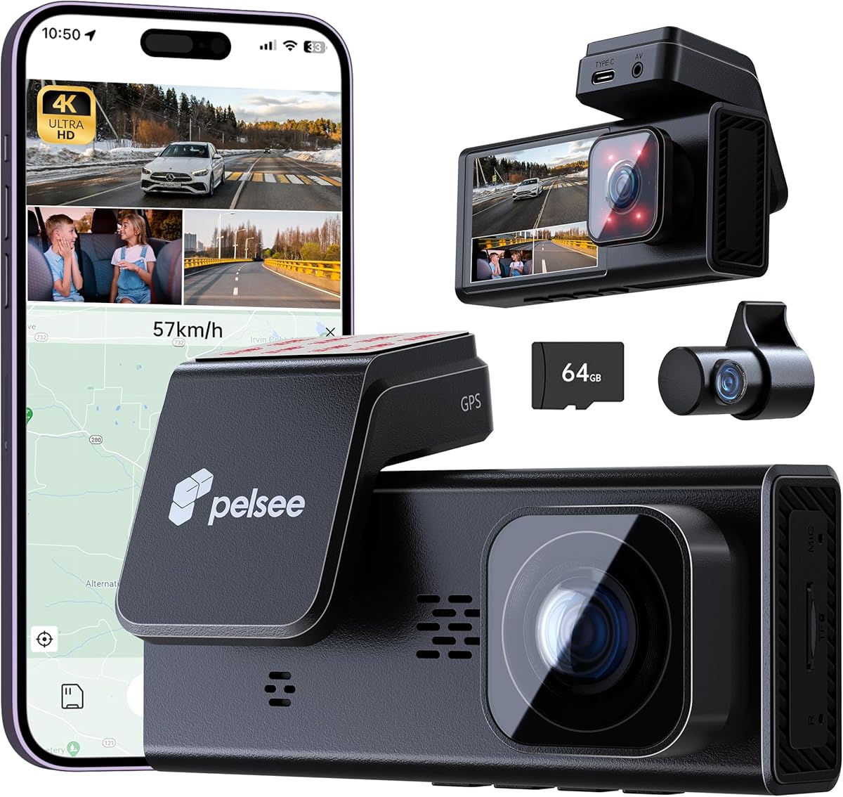 Pelsee 4K 3 Channel Dash Cam Front and Rear Inside, Dash Camera for Cars, 4K+1080P+1080P Dashcam with APP & WiFi, 64GB Card Included, Smart Driving System ADAS DMS, 24H Parking Mode,G-Sensor,256GB Max : Electronics