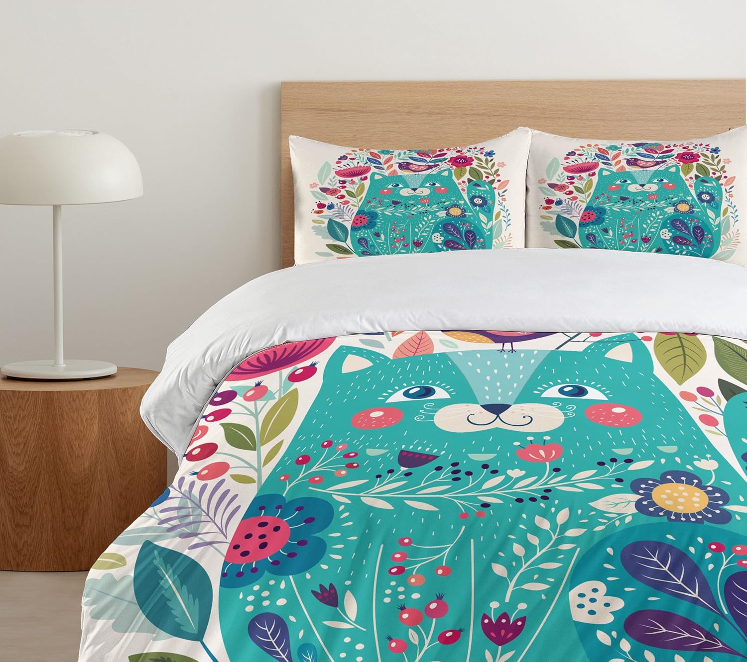 Ambesonne Cat Duvet Cover Set, Kitty Surrounded by Birds Flowers Ladybugs Inspirational Folk Theme, Decorative 2 Piece Bedding Set with 1 Pillow Sham, Twin Size, Multicolor Seafoam Twin Multicolor Seafoam