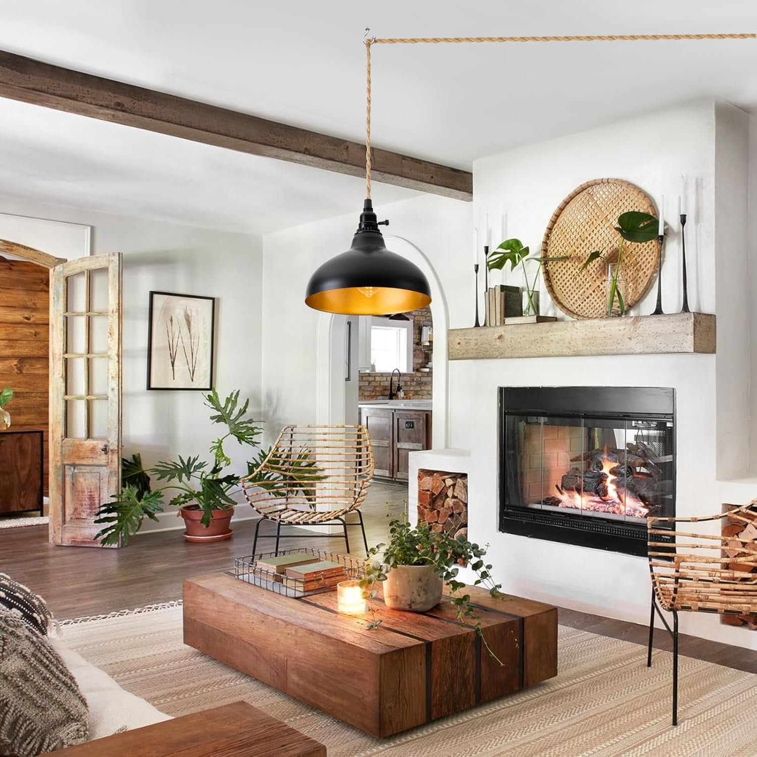 Plug in Pendant Light Farmhouse Hanging Lamp Fixtures with Dimmable Switch, Kitchen Island Hanging Light Adjustable Height Black Pendant Lighting Dining Room Bedroom