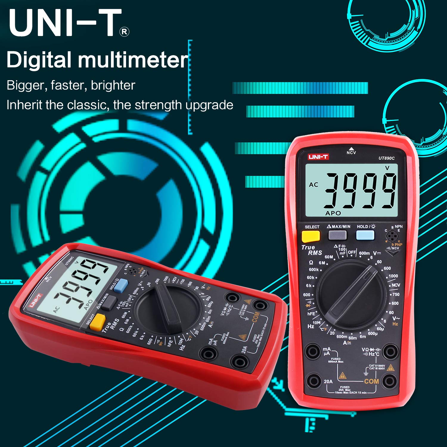 UNI-T UT890C Multimetro Digitale Professionale Tester Voltmetro Amperometro Ohmmetro Veri RMS 6000 Conti Test di Capacità e Misurazione della Temperatura con LCD Retroilluminato