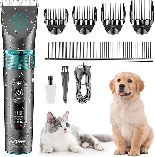 VGR Professional Cordless Dog Grooming Clippers for Thick Curly Hair Pet Coat Kit Waterproof Electric Rechargeable Battery Via USB-C Blades