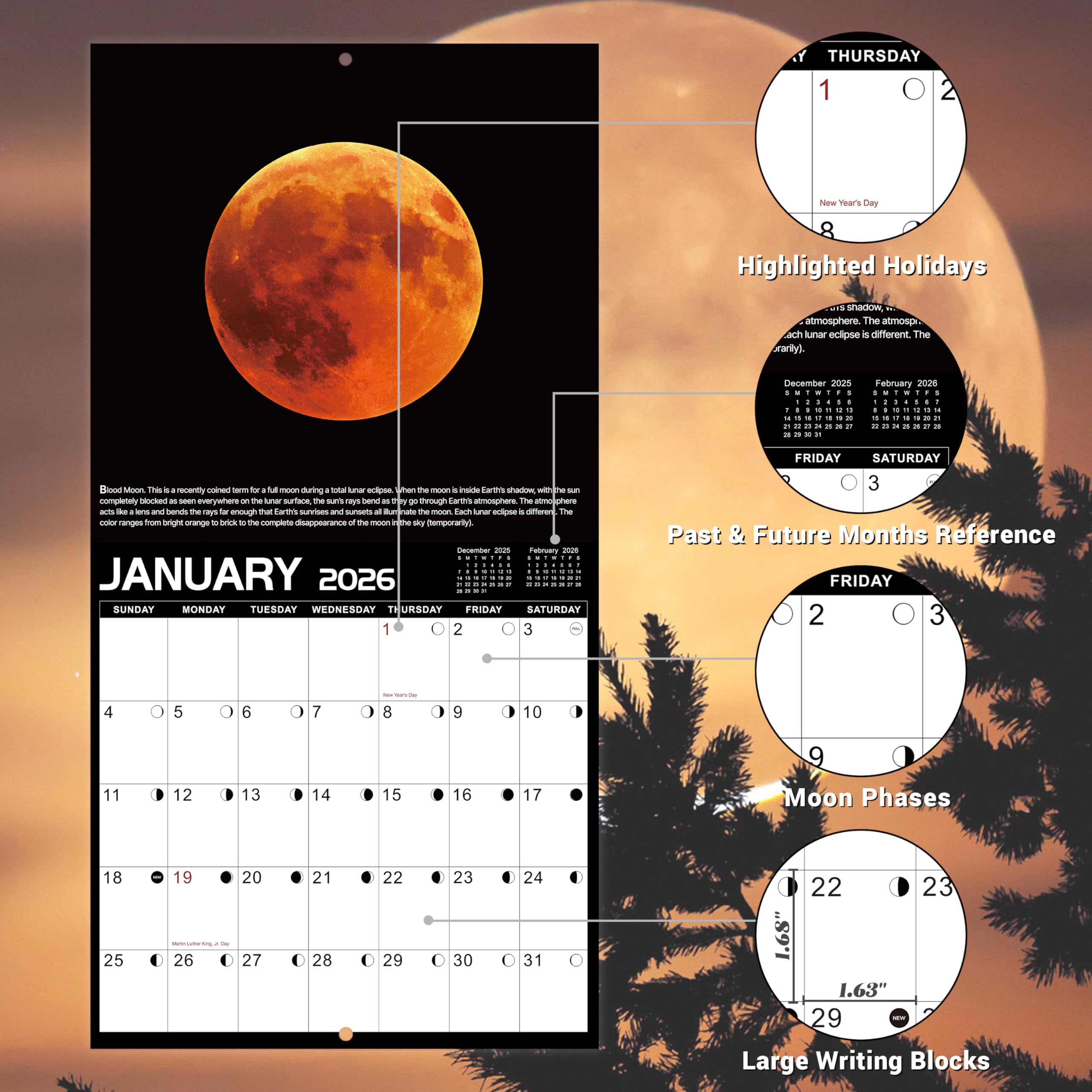 2024 Wall Calendar, Calendar 2024, January 2024, December 2024, 11.63'' × 23.26''(Open), 2024 Calendar with Moon Phases - Image 2