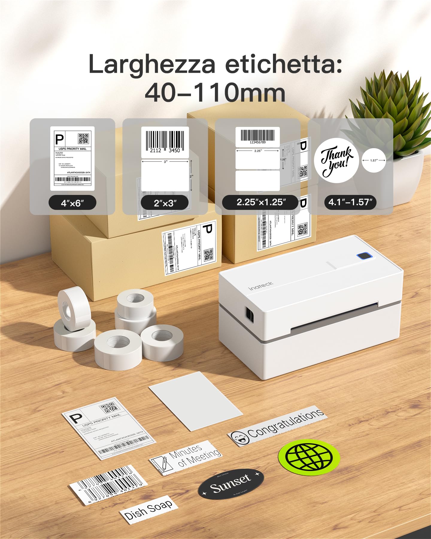 Inateck Stampante Etichette Termica Spedizioni Bluetooth 4x6, 150mm/s Reali, Adattatore USB-C Mac Incluso, Compatibile con Vinted Amazon eBay Shopify, Supporta iOS Android