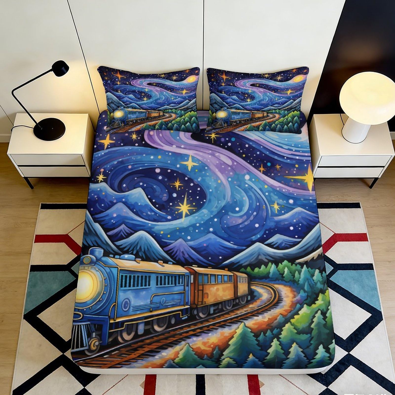 3D Printed Starry Sky Fitted Sheet Microfiber Artistic Galaxy Train Bed Cover for Bedroom Guest Room Mattress Protection Decor 90x200x25cm