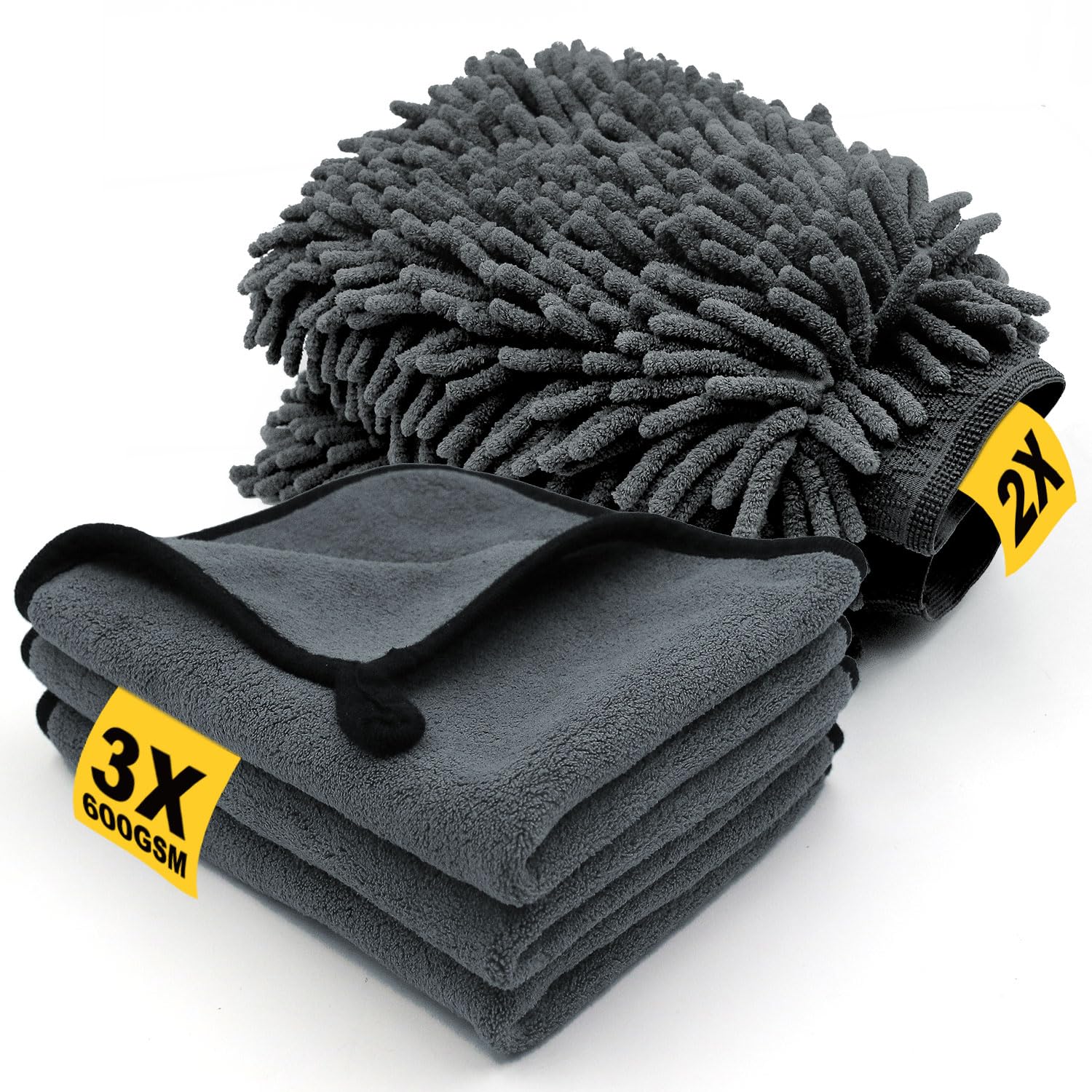 STRHAGO Kit De Nettoyage De Voiture 7 Pièces Avec 3 Chiffons En Microfibre, 2 Gants De Lavage En Microfibre Et 2 Brosses à épousseter, Lavage Domestique Et De Voiture, Séchage, Détails