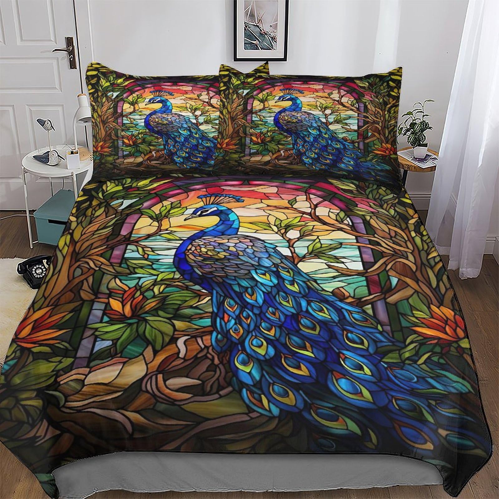Peacock Duvet Cover Set Microfibre Soft Quilt Covers Easy Care Cover Bedding Sets with Pillowcase for Teen Adult Kids Double (200x200cm)
