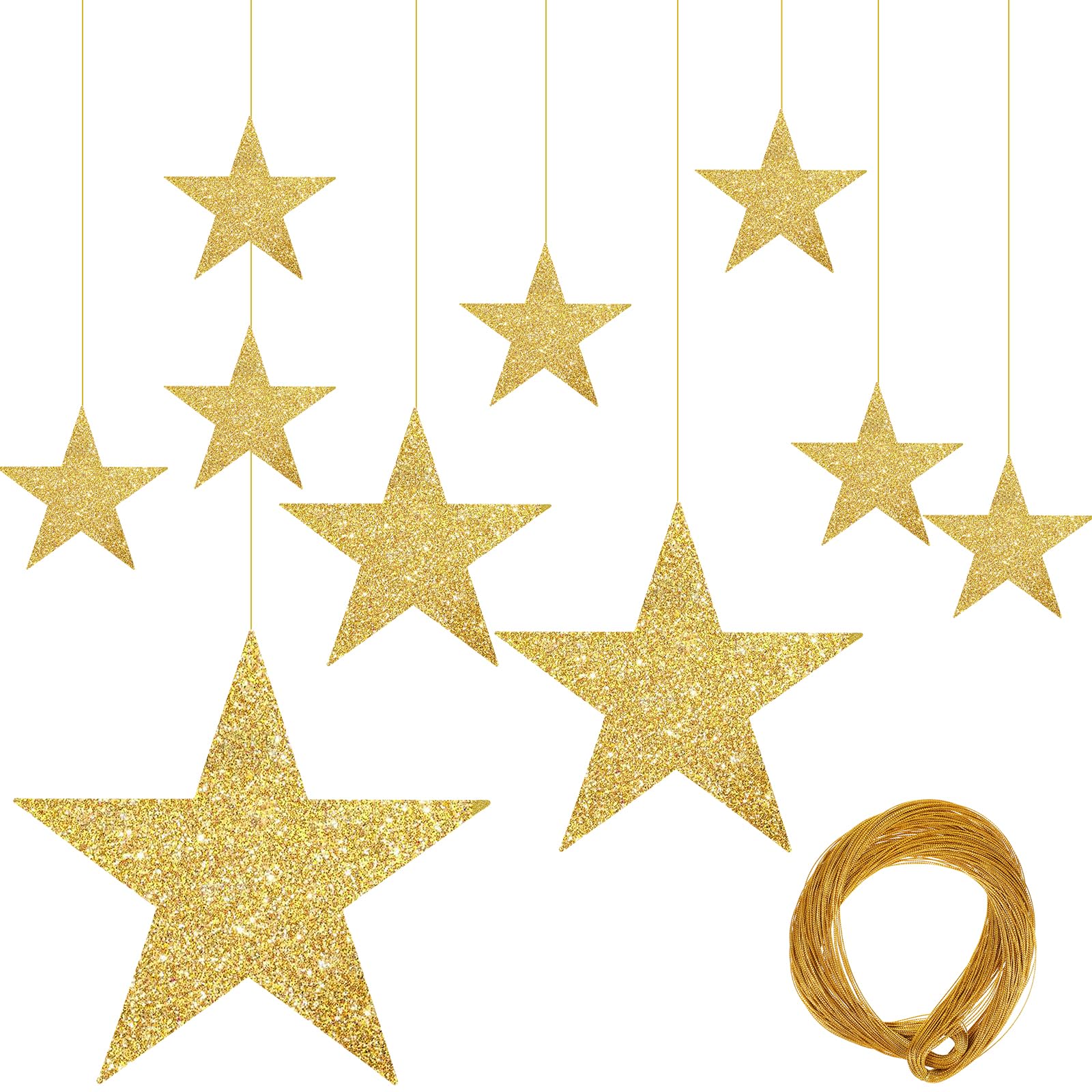 24pcs Gold Cardboard Stars Shining Cutouts Paper Stars Glitter Hanging Stars Decorations Confetti Cutouts Star Wall Decor 6/12/20/30cm &amp; 50m Hanging Line for Valentine's Day Movie Night Party Decor