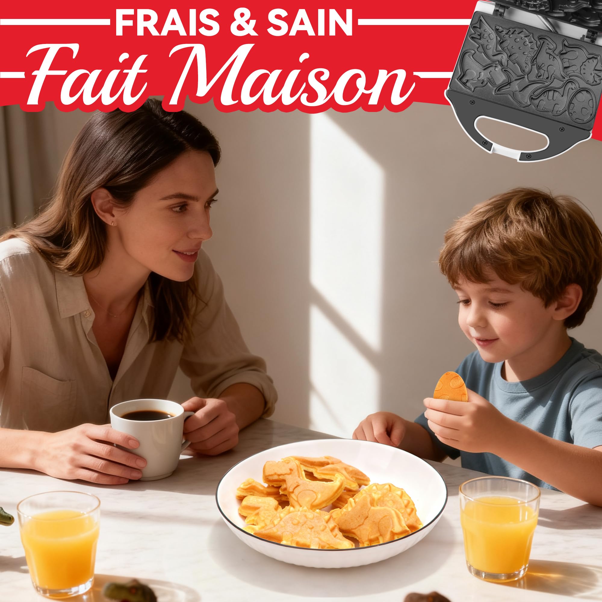 SugarWhisk Mini Gaufrier, Mini Dino Waffle Maker, Gauffrier Multifonctions avec des motifs de dinosaures, Appareil a Gauffre Mignonne, Machine a Gauffre, Créez 8 Gaufrier Dinosaures, Blanc
