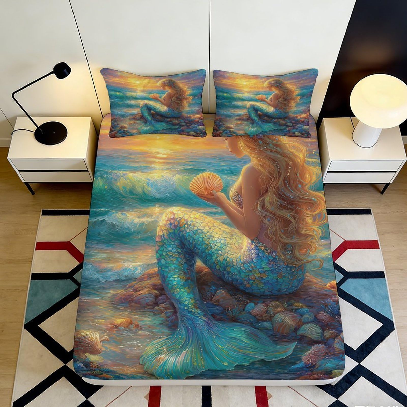 3D Printed Mermaid Ocean Sunset Fitted Sheet Microfiber Soft Mattress Cover for Bedroom Guest Room Dorm Decor 160x200x25cm