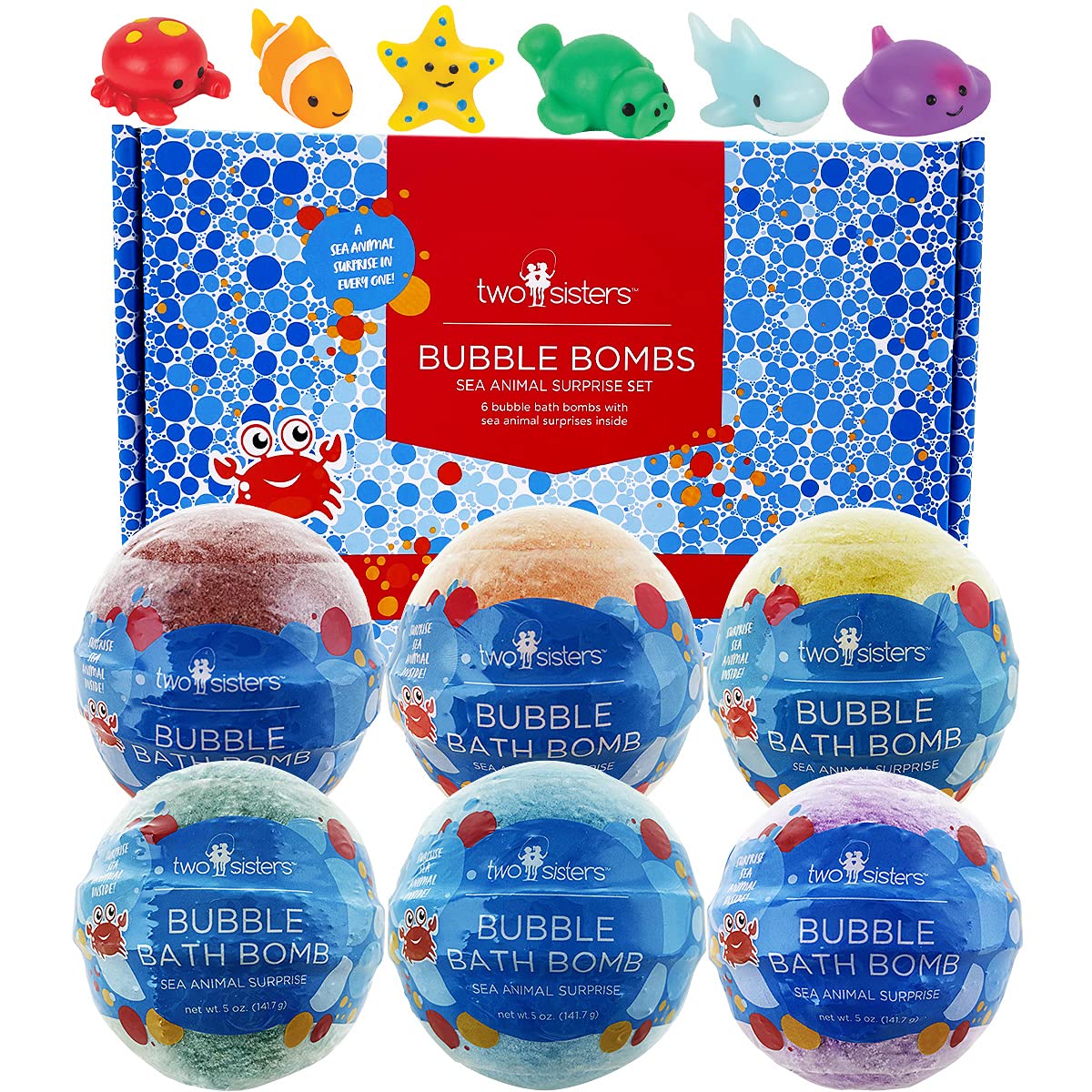Sea Animal Bath Bombs for Kids with Surprise Toys Inside (6 Pack) - Bubble Bomb Stocking for Girls and Boys, Gentle and Safe Ingredients, USA Made,