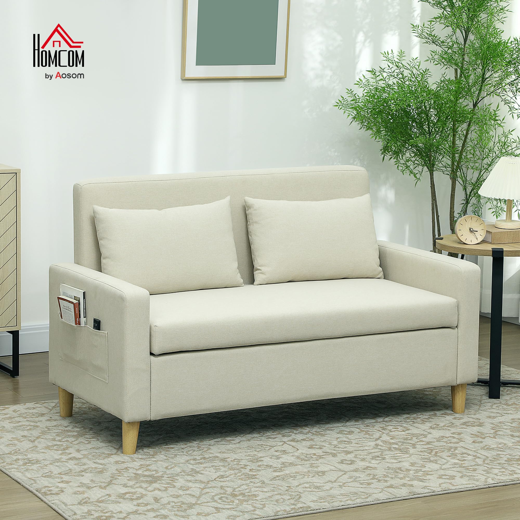 HOMCOM Sofá de 2 Plazas Tapizado en Lino Sintético con Espacio de Almacenamiento Oculto Sofá de Salón con 2 Almohadas Bolsillo y Patas de Madera Carga 240 kg 135x72x84 cm Beige