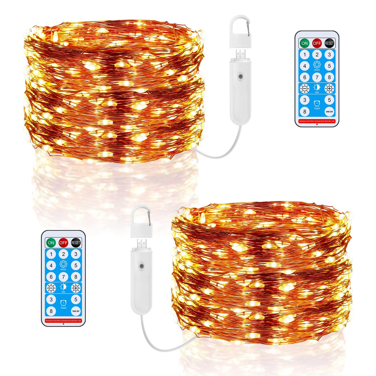 Philorn Rechargeable Fairy Lights, 2Pack 10m 100 LED String Lights Battery Operated Copper Wire Light with 8 Modes/Timer/Remote for Indoor Lighting, Bedroom, Wedding Decor, Valentine Day (Warm White2)