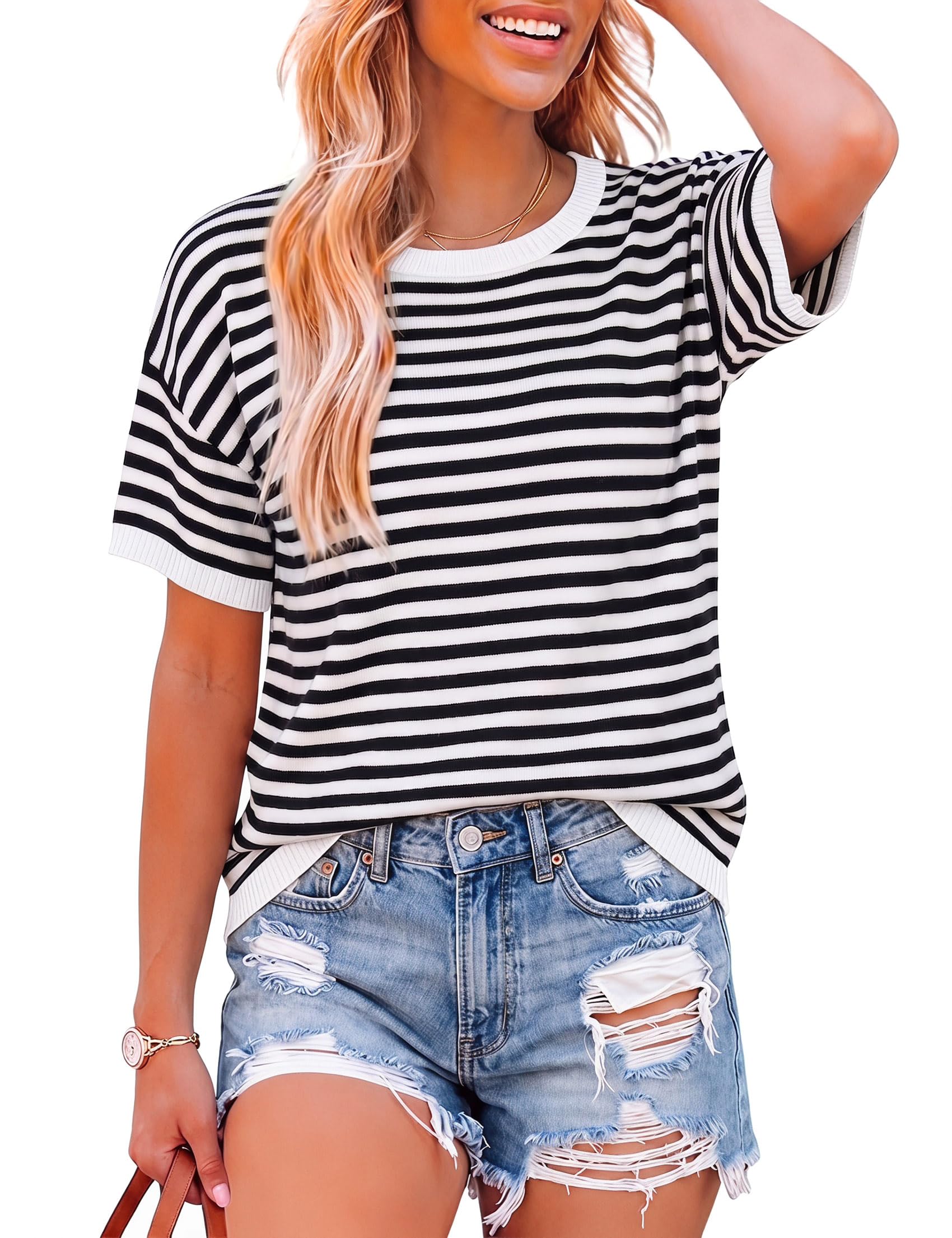Terecey Gestreiftes Pullover Damen Kurzarm Elegant Tshirt Rundhals S-XXL | 100% Viskose, Weiches und atmungsaktives Tragegefühl, für Frühling Sommer und Herbst