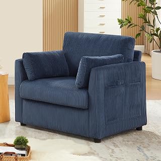 Modern Corduroy Accent Chairs, 38" W Comfy Armchair with Soft Pillows and Side Pockets, Single Reading Chairs for Living Room, Bedroom, Apartment, Navy Blue