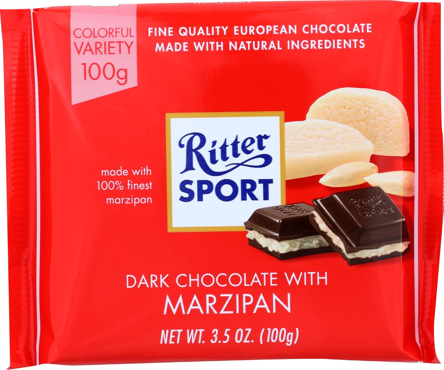 Ritter Sport Marzipan Dark Chocolate Bars - Authentic German Chocolate with Creamy Marzipan Filling, 3.5oz Pack of 12