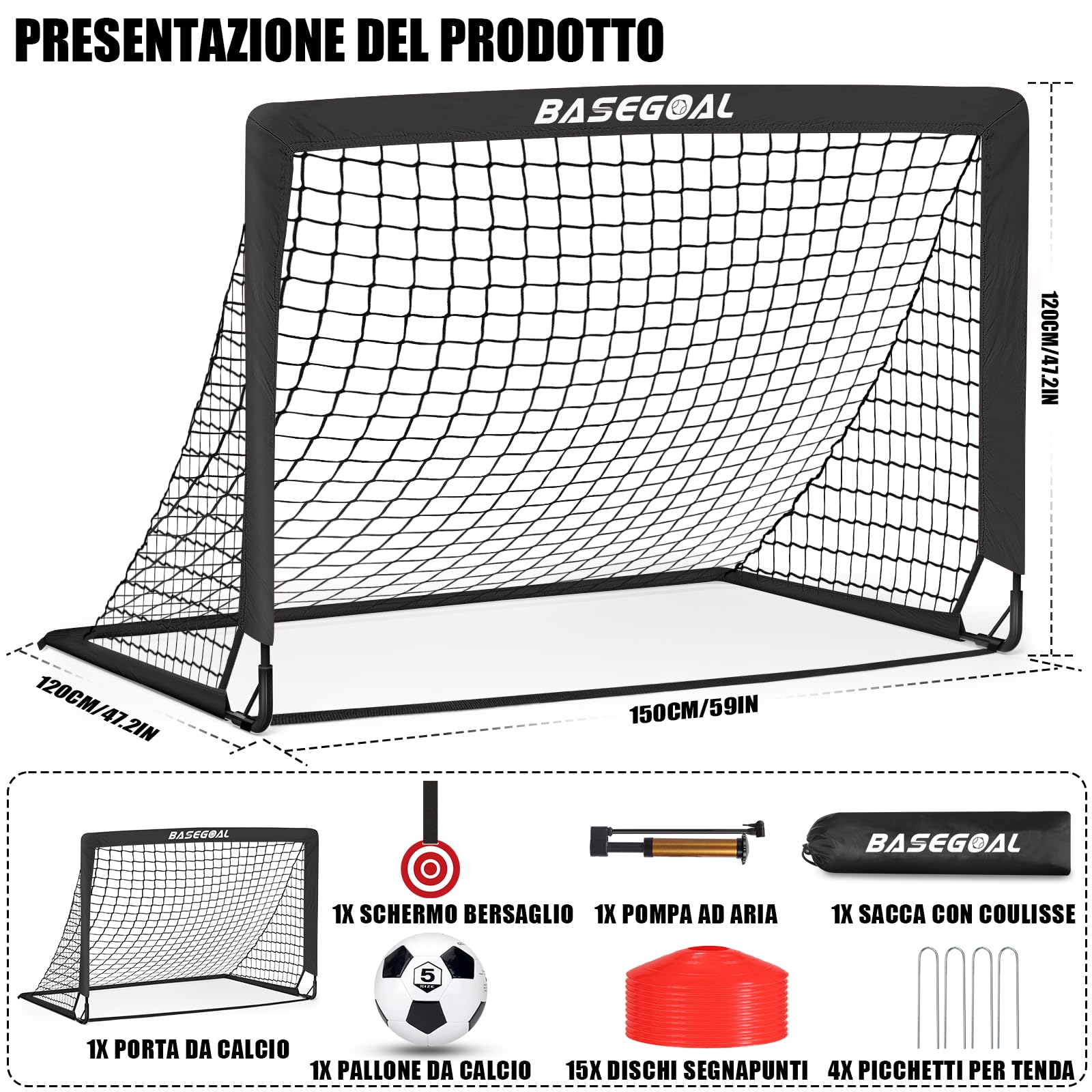 Porte da Calcio per Giardino, Porta da Calcio per 150x120cm, Porticine Da Calcio con Aste In Fibra di Vetro e Reti di Alta Qualità, Bullseye e Borsa per Giardino e Gioco per Interni - 3