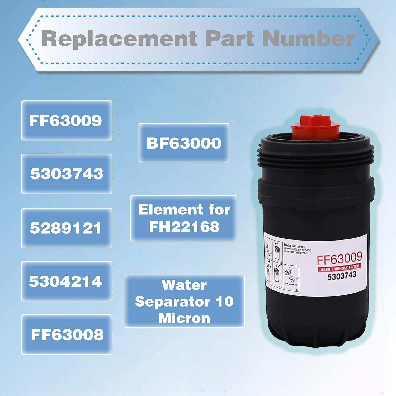 FF63009 Fuel Filter, Fit for for Cummins B- and L- Series Diesel Engines Filtration,Best Protection and Longer Fuel System Life, Replaces # ff63054nn, 5303743, FF63008, FH22168, BF63000 (6 pcs)