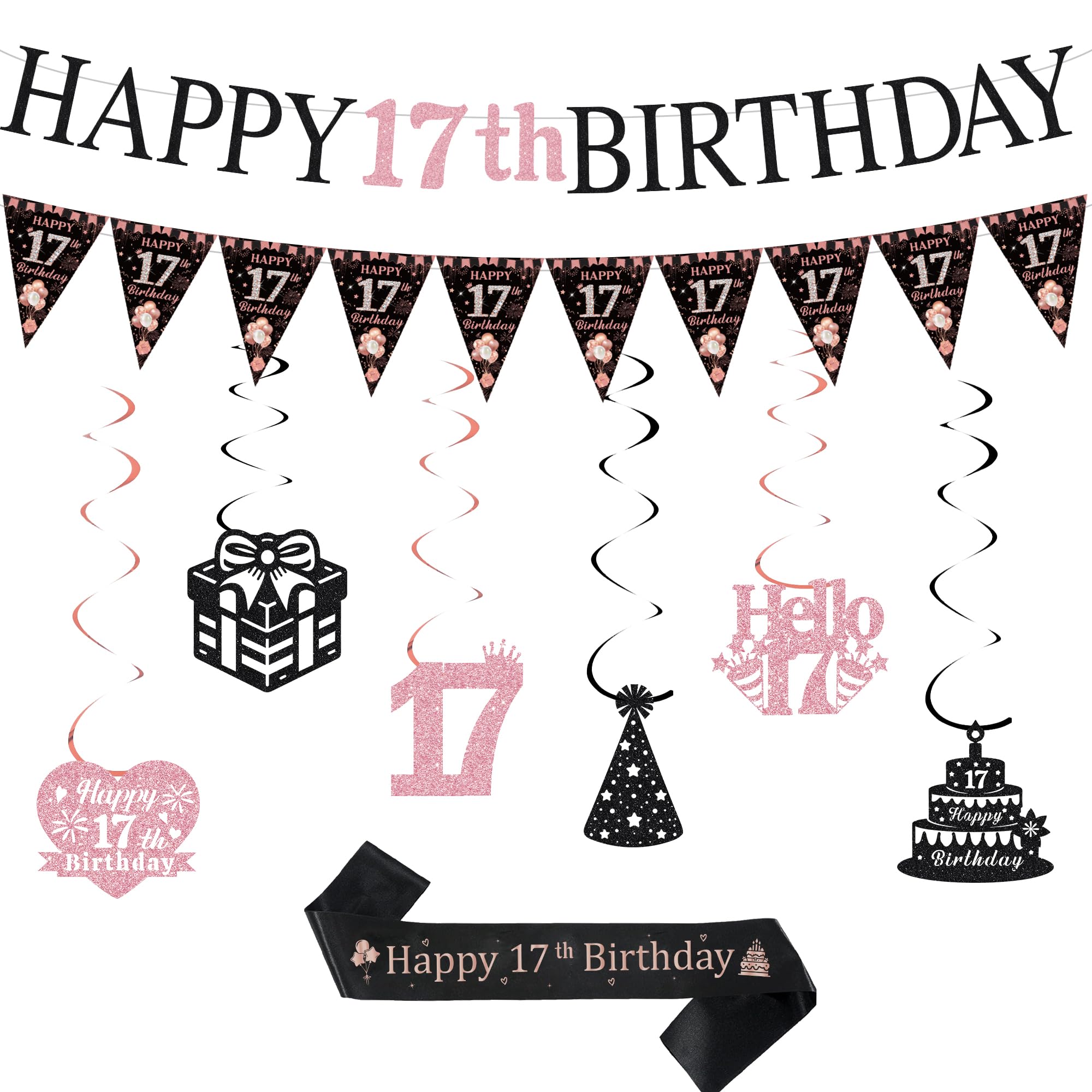 Sroeeshee 17th Birthday Party Decorations - Black Rose Gold Happy 17th Birthday Banner Pennats Hanging Bunting Sash Kit, Ideal 17 Years Old Bday Girls Supplies with Ribbon