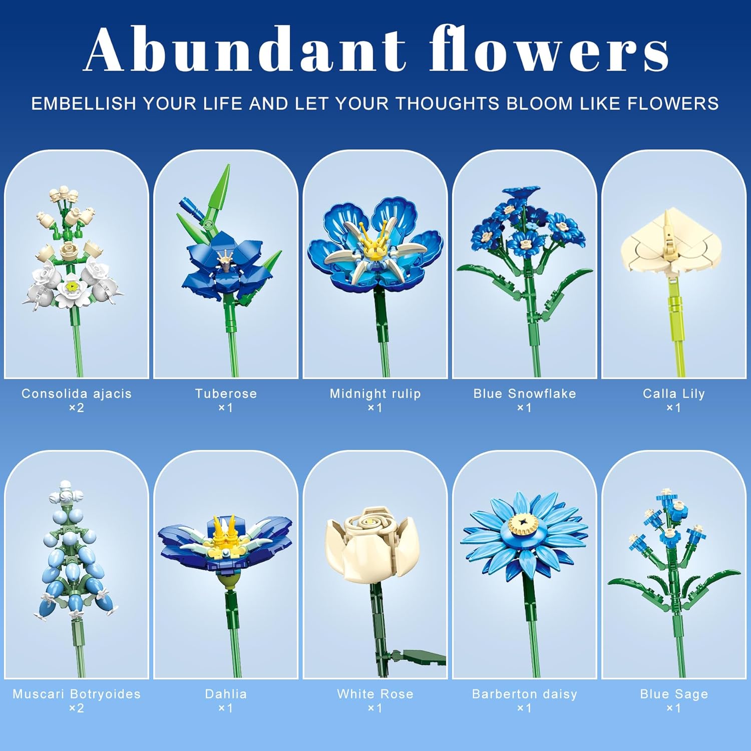 Blue Flower Bouquet Building Set, Compatible with Lego Flowers for Adults, Artificial Botanical Collection Kit for Valentines Day Mother's Gifts Home Room Desk Shelf Decor