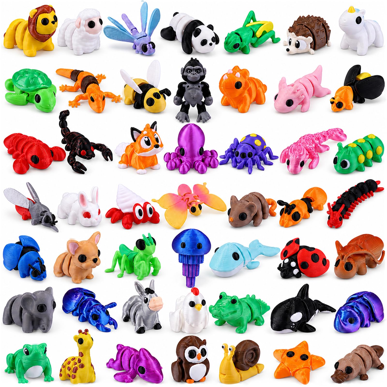 XIMISHOP 50 PCS Mini 3D Printed Animals,Cute Movable Joint 3D Printed Animal Fidget Flexible Animal Toys for Home Office Desk Decoration Halloween Party Favors Birthday Goodie Bag Fillers