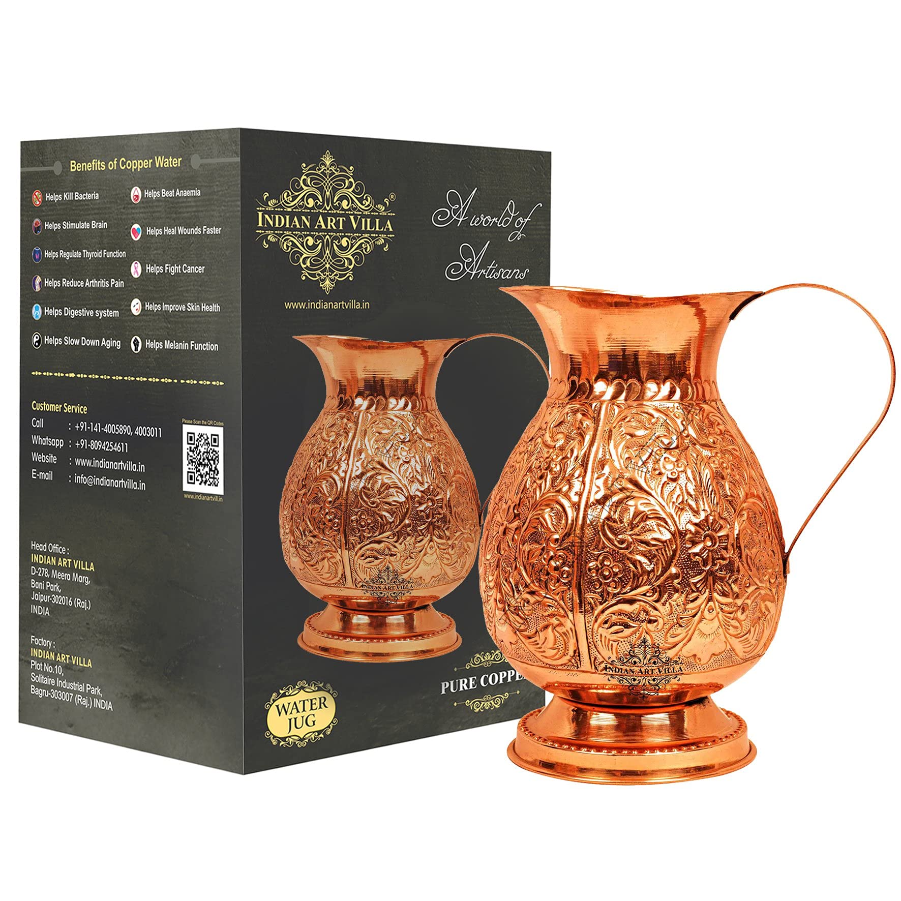 Pichet en cuivre pur 1,7 l IndianArtVilla pour vaisselle de table