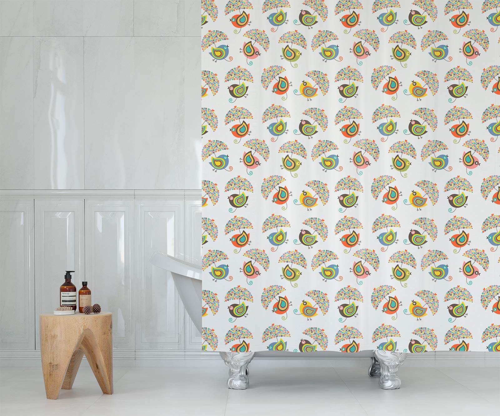Tropik Home Extra long and wide fabric shower curtain, 240cm wide by 200cm drop with Singing Birds
