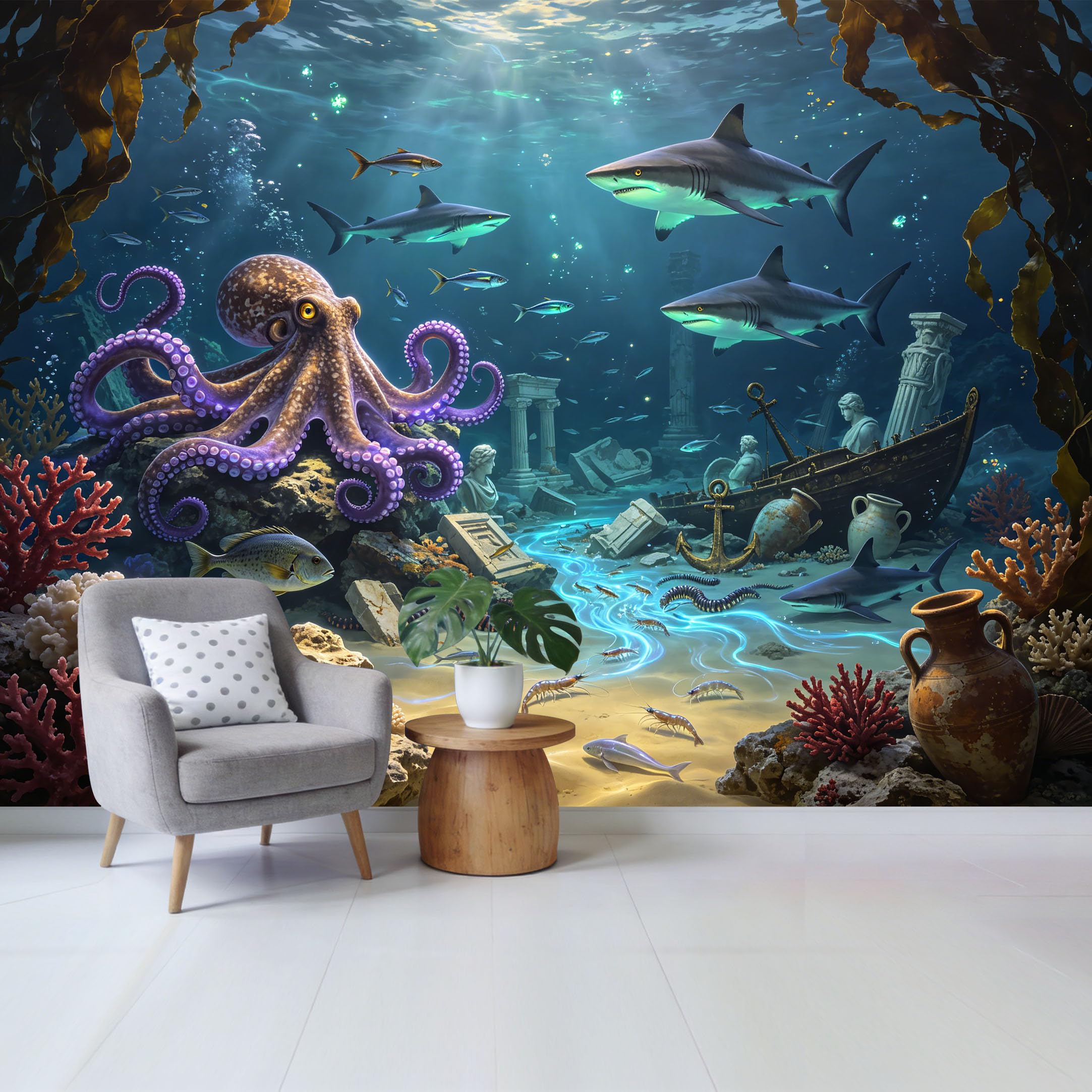 Custom Size Wall Mural Ocean Marine Octopus Sharks Coral Reef Underwater Ruins Scene Removable Self Adhesive Fabric Home Wall Decor for Living Room Bedroom Bathroom