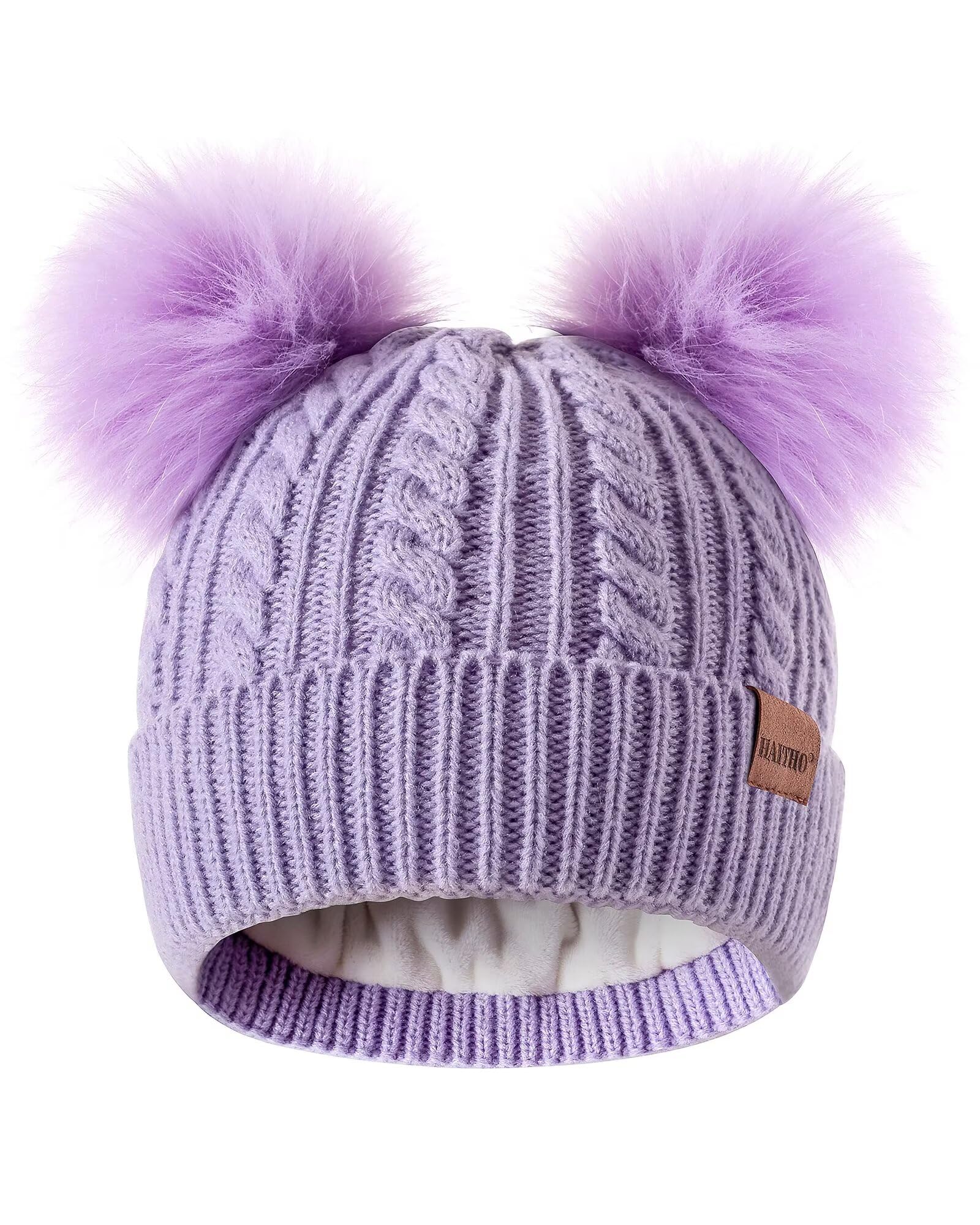 HAITHO Winter Hat for Kids Toddler Children, Girls Beanie with Double Pom Pom Warm Fleece Lined, Girls Accessories Knit Cap