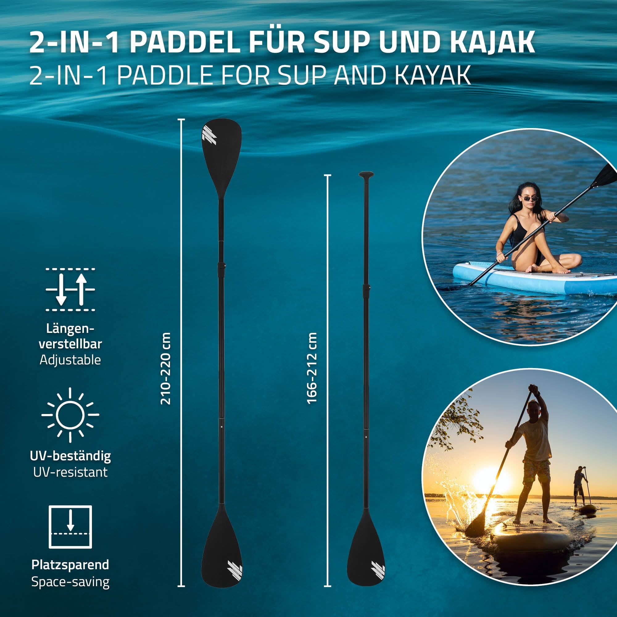 ECD Germany 2-in-1 Paddel für SUP/Kajak, 4-teiliges Kajakpaddel aus Aluminium, Länge individuell verstellbar, Doppelpaddel Stechpaddel Teleskoppaddel Stand Up Paddle Zubehör für Kanusport Kajakfahren