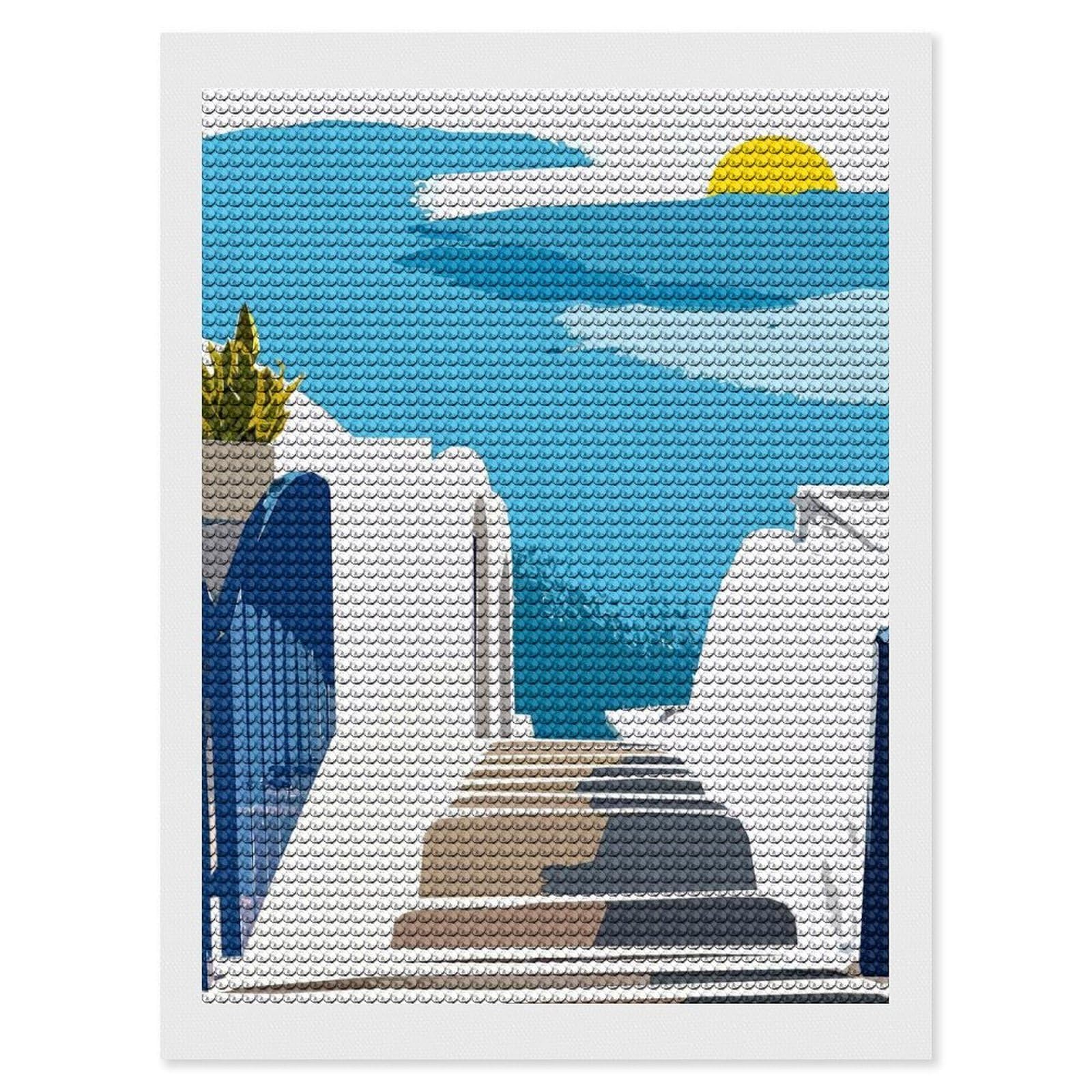 Junmoney Santorini Morning Diamond Art Canvas 12"x16", for Creative Relaxation, Simple to Start, Aesthetic Room Decor, Holiday Gift Idea