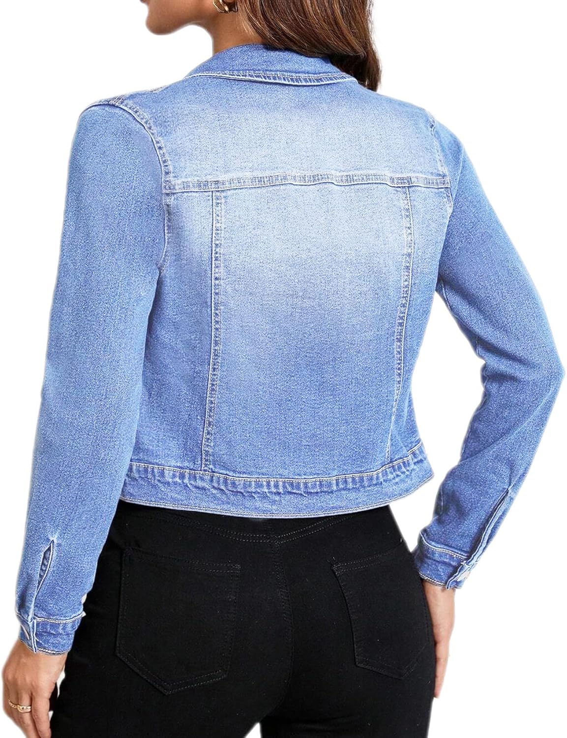 Women Trendy Jean Jacket Stretchy Cropped Denim Jacket Long Sleeve Button Down Denim Coat - Image 3